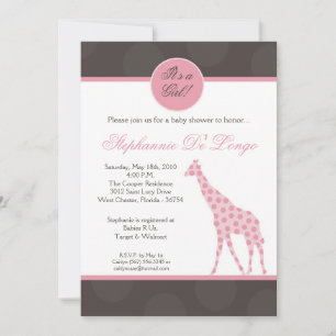 5x7 Pink Polka Dot Giraffe Baby Shower Invitation