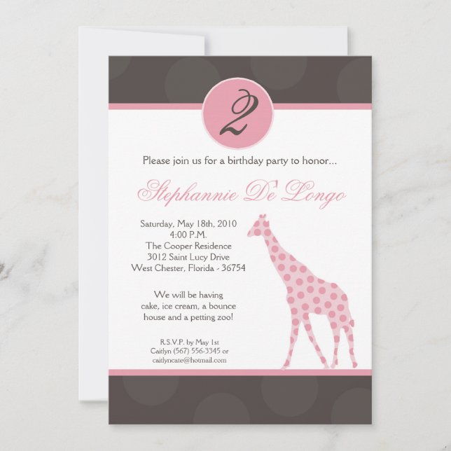 5x7 Pink Polka Dot Giraffe Birthday Par Invitation (Front)