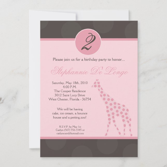 5x7 Pink Polka Dot Giraffe Birthday Par Invitation (Front)