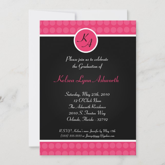 5x7 Pink Polka Dot Graduation Invitation Announcem (Front)