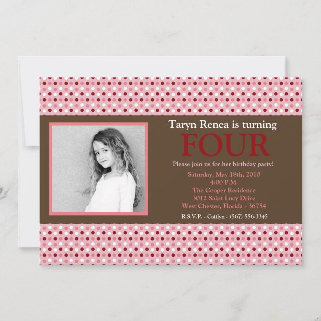 5x7 Pink Polka Dot Photo Birthday Party Invitation (Front)