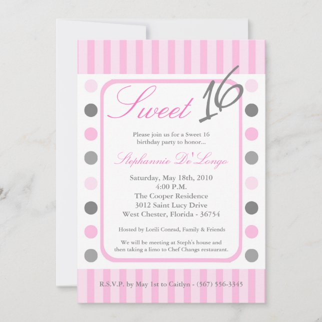 5x7 Pink Polka Dot Sweet 16 Birthday Invitation (Front)