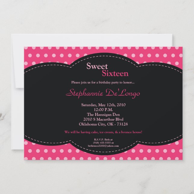 5x7 Pink Polkadot Sweet 16 Birthday Invitation (Front)