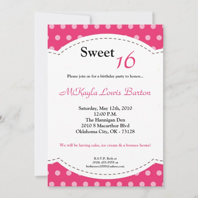 5x7 Pink Polkadot Sweet 16 Birthday Invitation (Front)
