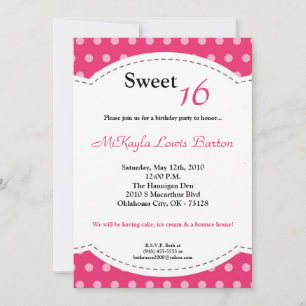 5x7 Pink Polkadot Sweet 16 Birthday Invitation