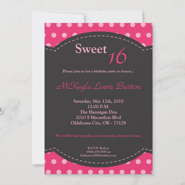 5x7 Pink Polkadot Sweet 16 Birthday Invitation (Front)