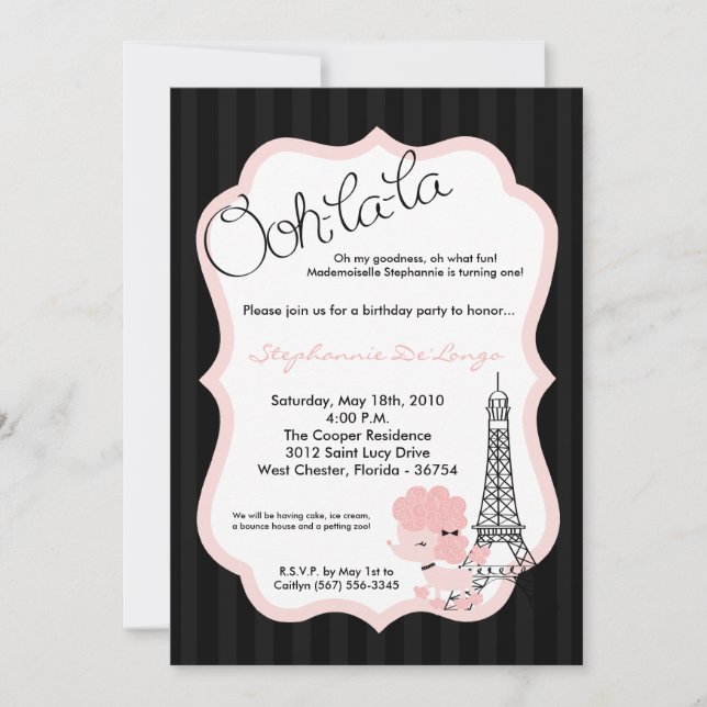 5x7 Pink Poodle in Paris Birthday Party Invitation (Front)