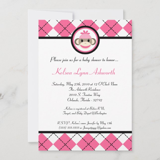 5x7 Pink Sock Monkey Toy Baby Shower Invitation (Front)