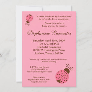 5x7 Pink Spring Lady Bugs Baby Shower Invitation