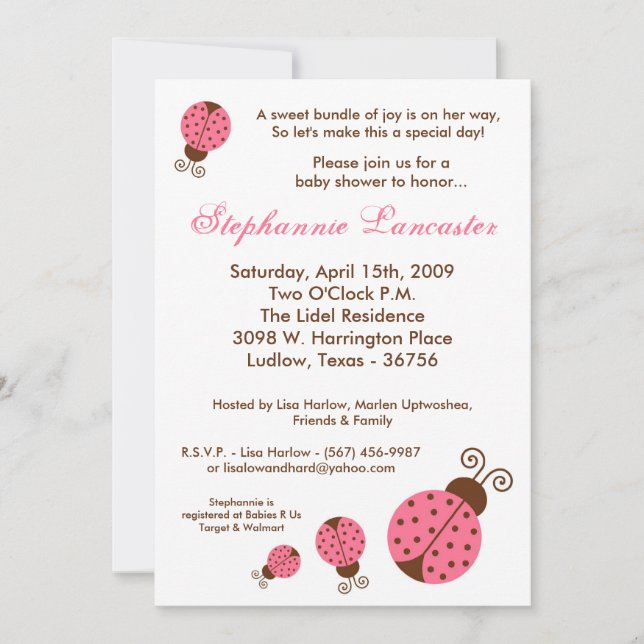 5x7 Pink Spring Lady Bugs Baby Shower Invitation (Front)