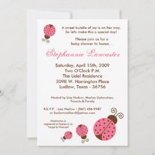 5x7 Pink Spring Lady Bugs Baby Shower Invitation