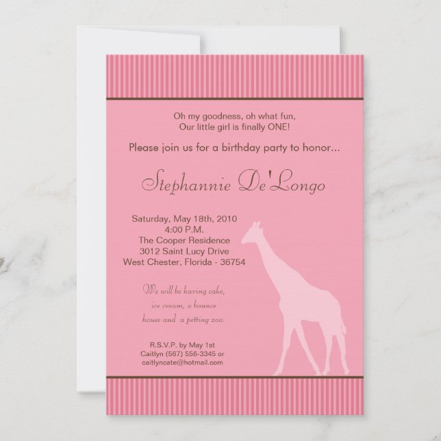 5x7 Pink Striped Giraffe Birthday Party Invitation (Front)