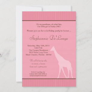 5x7 Pink Striped Giraffe Birthday Party Invitation