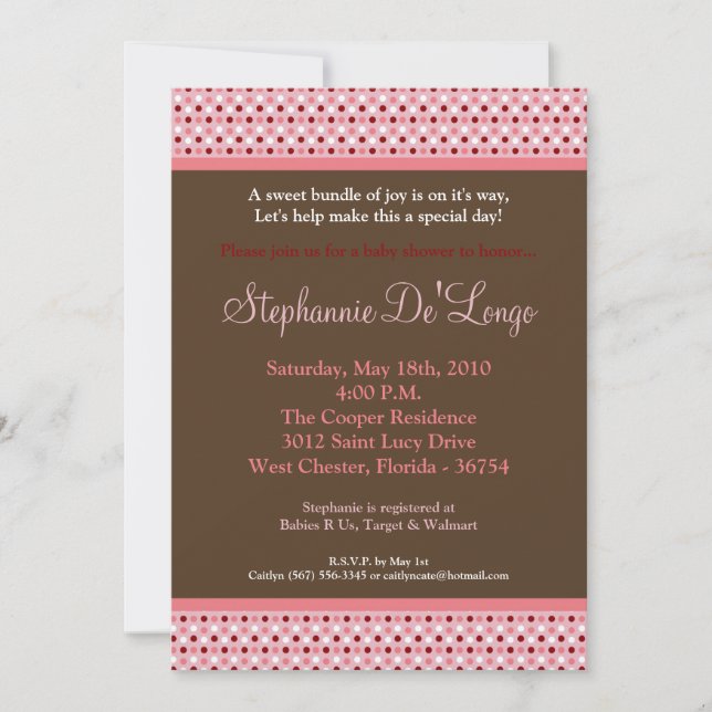 5x7 Pink Sweetheat PolkaDot Baby Shower Invitation (Front)
