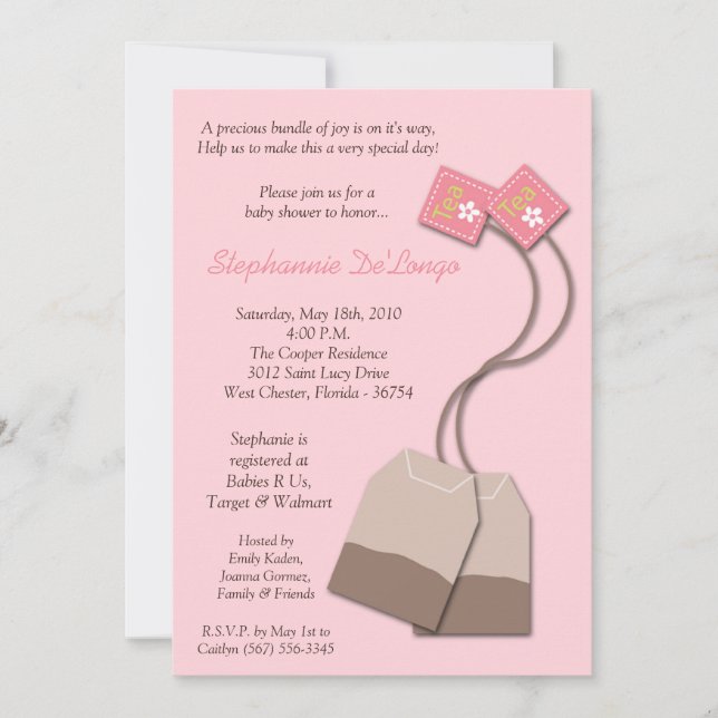 5x7 Pink Tea Bag Tea Party Baby Shower Invitation (Front)