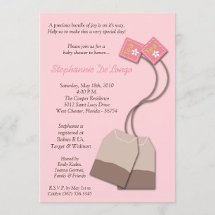 5x7 Pink Tea Bag Tea Party Baby Shower Invitation