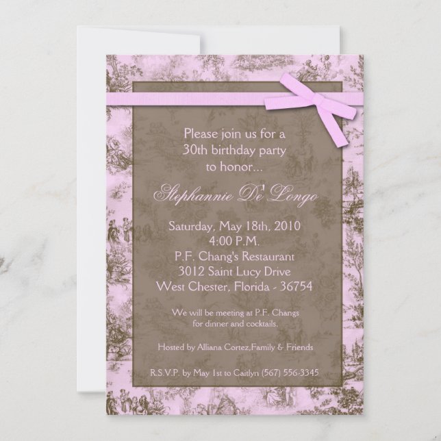 5x7 Pink Toile Fabric Birthday Party Invitation (Front)