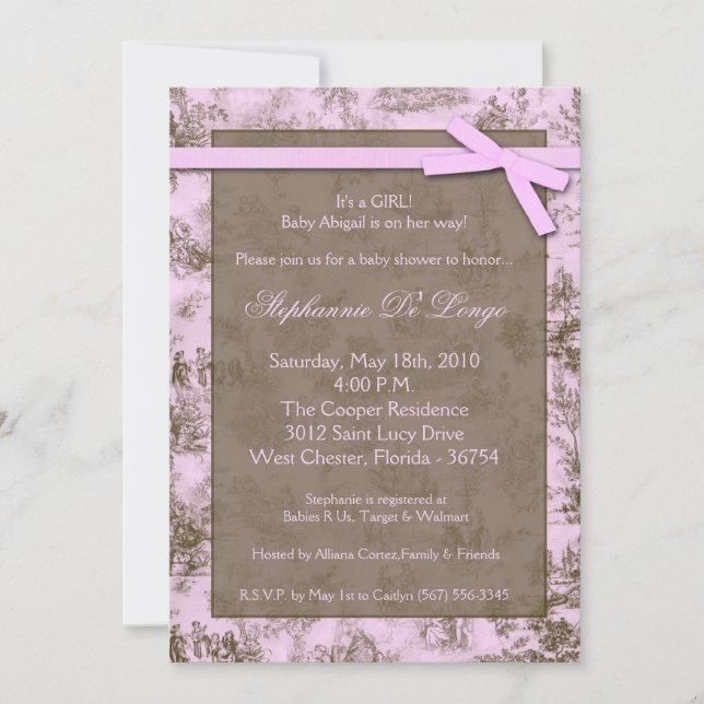 5x7 Pink Toile PeopleFabric Baby Shower Invitation (Front)