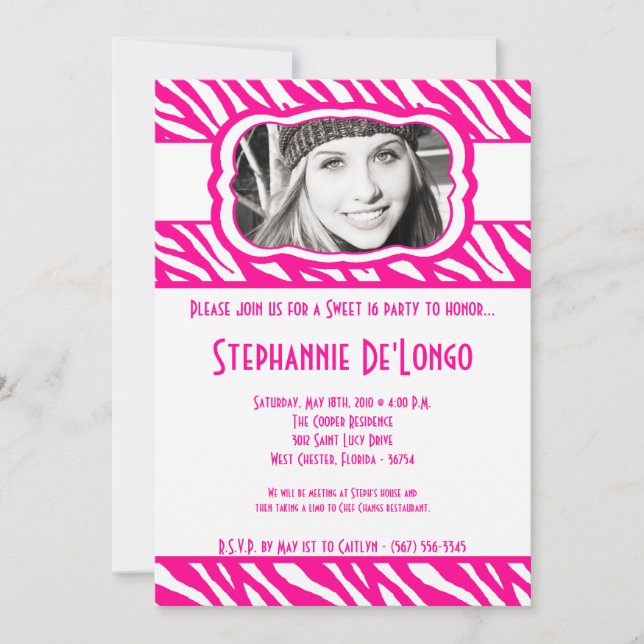 5x7 Pink Zebra PHOTO Sweet 16 Birthday Invitation (Front)