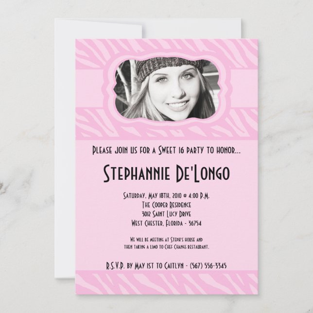 5x7 Pink Zebra PHOTO Sweet 16 Birthday Invitation (Front)