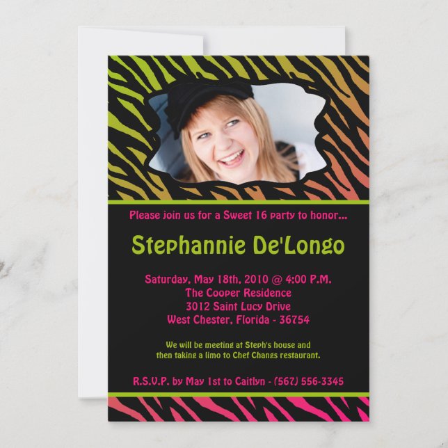 5x7 Pink Zebra PHOTO Sweet 16 Birthday Invitation (Front)