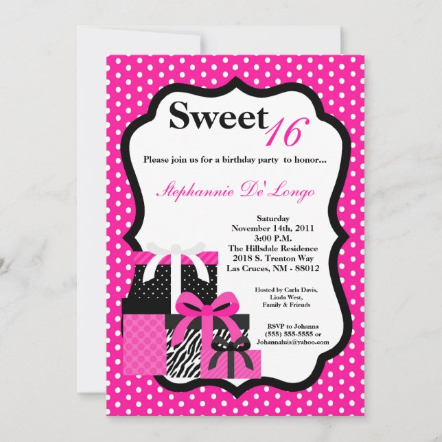 5x7 Pink Zebra Presents Birthday Party Invitation (Front)