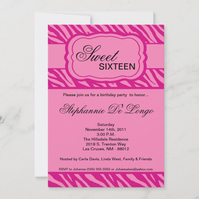 5x7 Pink Zebra Print Birthday Party Invitation (Front)