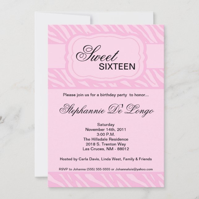 5x7 Pink Zebra Print Birthday Party Invitation (Front)