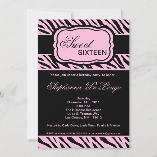 5x7 Pink Zebra Print Birthday Party Invitation (Front)