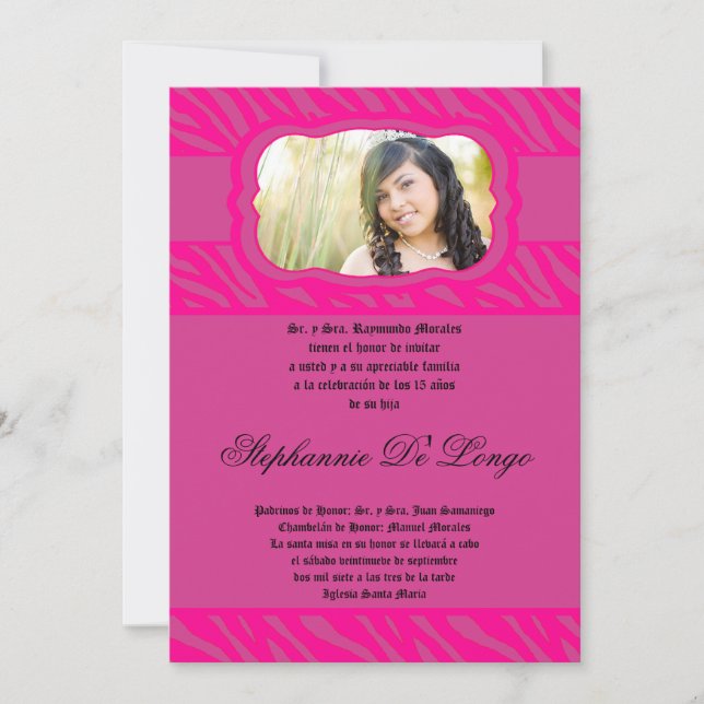 5x7 Pink Zebra Print Patter Quinceanera Invitation (Front)