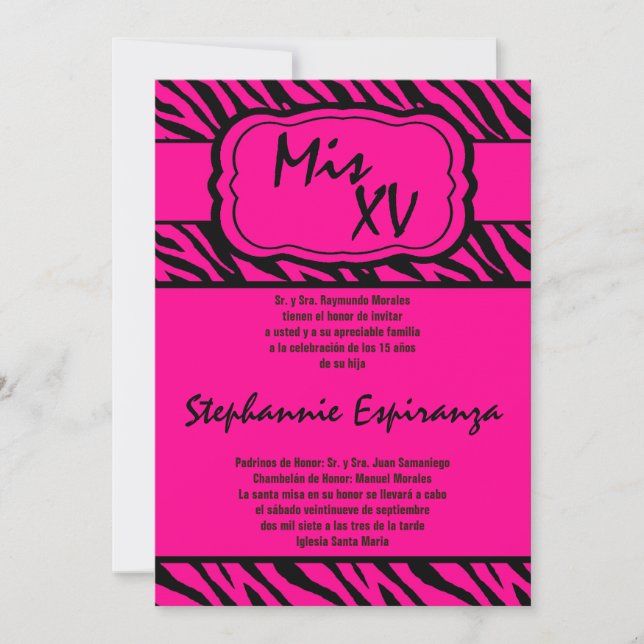 5x7 Pink Zebra Print Quinceanera 15 Invitation (Front)