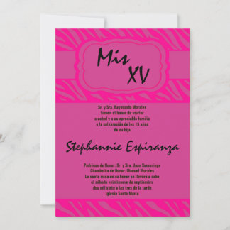 5x7 Pink Zebra Print Quinceanera 15 Invitation
