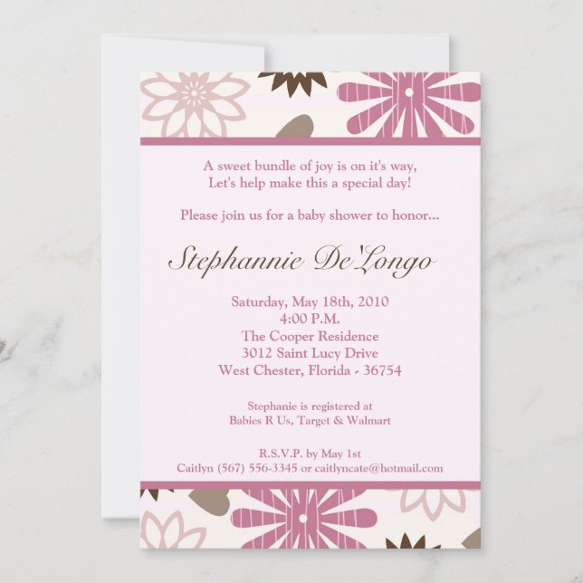 5x7 PinkPurple Retro Flower Baby Shower Invitation (Front)