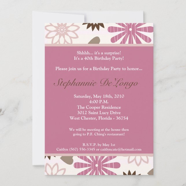 5x7 PinkPurple Retro Flower Birthday Invitation (Front)