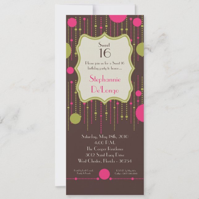 5x7 Polka Dot Ornate Sweet 16 Birthday Invitation (Front)