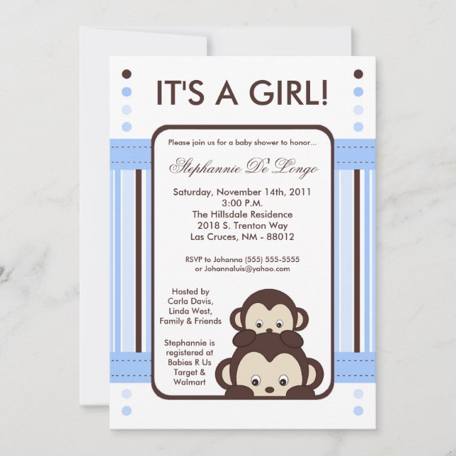 5x7 Pop Monkey Blue Jungle Baby Shower Invitation (Front)