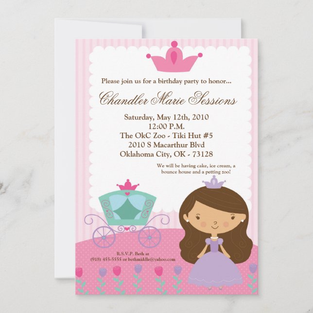 5x7 Princess Girl Carria Birthday Party Invitation (Front)