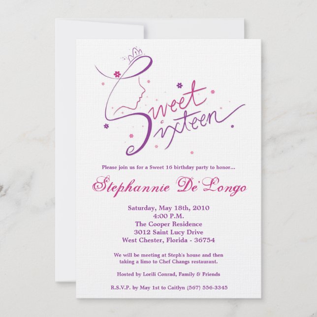 5x7 Princess Girl Sweet 16 Birthday Invitation (Front)