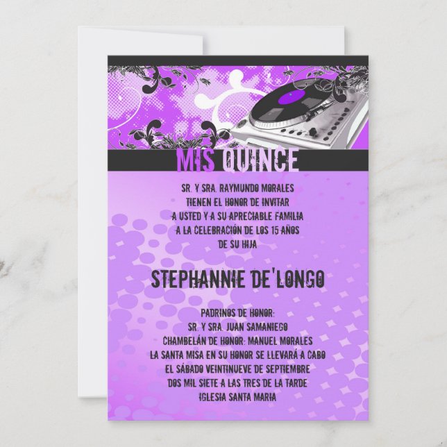 5x7 Purpl DJ Spin Turntable Quinceanera Invitation (Front)