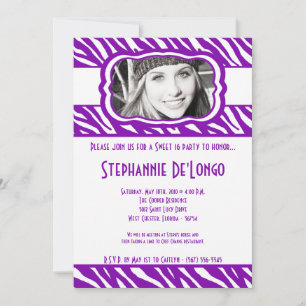 5x7 Purpl Zebra PHOTO Sweet 16 Birthday Invitation