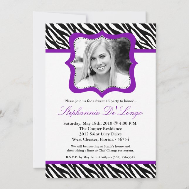 5x7 Purpl Zebra PHOTO Sweet 16 Birthday Invitation (Front)
