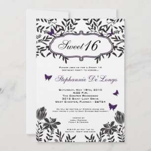 5x7 Purple Butterfly Sweet 16 Birthday Invitation