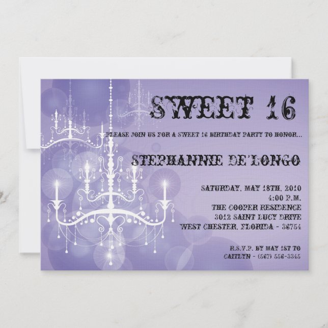 5x7 Purple Chandelier Sweet 16 Birthday Invitation (Front)