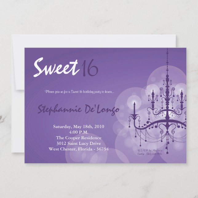 5x7 Purple Chandelier Sweet 16 Birthday Invitation (Front)