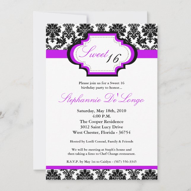 5x7 Purple Damask Sweet 16 Birthday Invitation (Front)