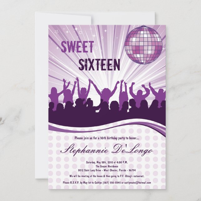 5x7 Purple Dance Party 16th Birthday Invitation (Front)