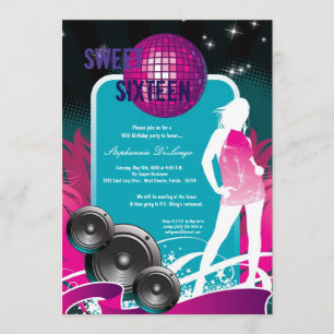 5x7 Purple Dance Party DJ 16th Birthday Invitation