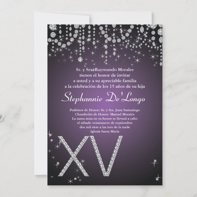 5x7 Purple Diamond Quinceanera Birthday Invitation (Front)