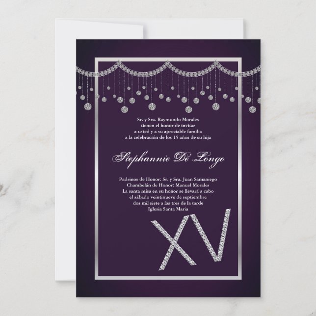 5x7 Purple Diamond Quinceanera Birthday Invitation (Front)