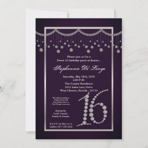 5x7 Purple Diamond Sweet 16 Birthday Invitation